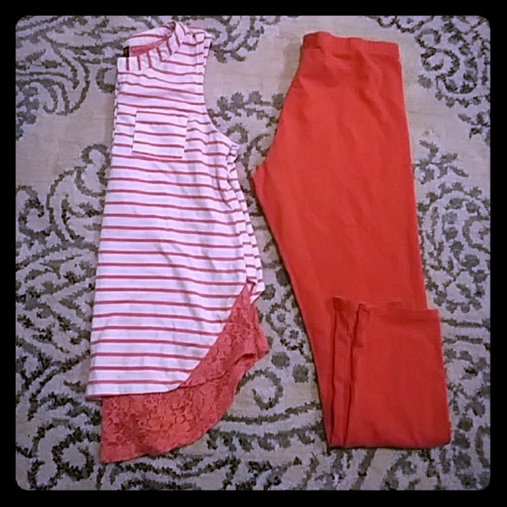 10/12 coral striped lace tank set